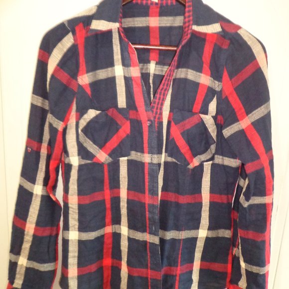 NWOT SKIES ARE BLUE Button Down Shirt XS Plaid Red/Navy/Lt. Tan - Picture 1 of 14